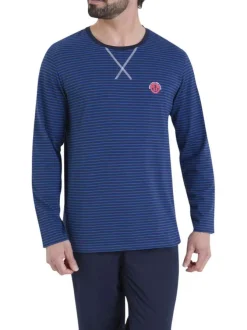 Pyjama en coton bleu marine rayé pourvu d'un col rond et de manches longues