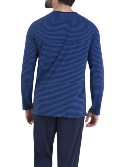 Pyjama en coton bleu marine rayé pourvu d'un col rond et de manches longues