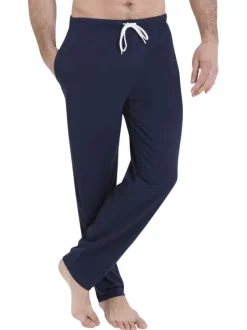 Pyjama en coton bleu marine rayé pourvu d'un col rond et de manches longues