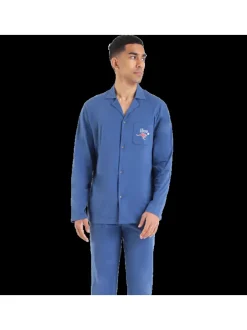 Pyjama en coton bleu uni avec une coupe droite et un col à revers