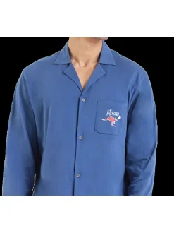 Pyjama en coton bleu uni avec une coupe droite et un col à revers