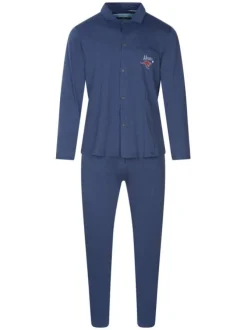Pyjama en coton bleu uni avec une coupe droite et un col à revers
