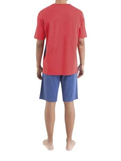 Pyjama en coton bleu uni avec une coupe droite et un col v arrondi