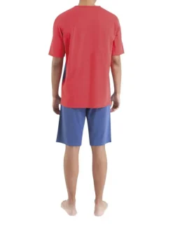 Pyjama en coton bleu uni avec une coupe droite et un col v arrondi