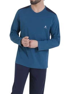 Pyjama en coton bleu uni pourvu d'un col v et de manches longues