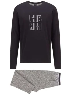 Pyjama gris en coton uni coupe régular avec un col rond