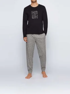 Pyjama gris en coton uni coupe régular avec un col rond