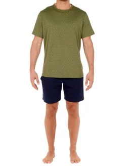 Pyjama kaki en coton uni coupe régular avec un col v