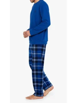 Pyjama long bleu à carreaux à coupe droite col rond et à manches longues