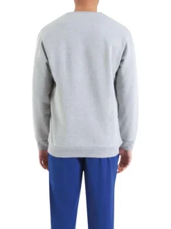 Pyjama long bleu et gris uni en coton mélangé à coupe droite et col rond