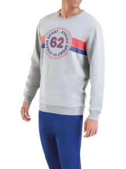 Pyjama long bleu et gris uni en coton mélangé à coupe droite et col rond
