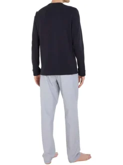 Pyjama long bleu et gris uni à manches longues avec une coupe droite