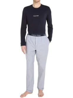 Pyjama long bleu et gris uni à manches longues avec une coupe droite