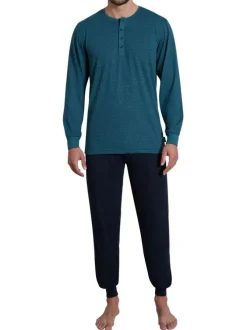 Pyjama long bleu imprimé avec une coupe droite et un col tunisien