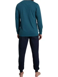 Pyjama long bleu imprimé avec une coupe droite et un col tunisien