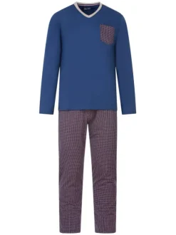 Pyjama long bleu imprimé en coton col v