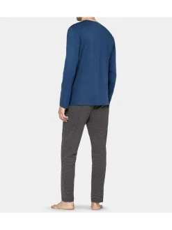 Pyjama long bleu imprimé en coton col v