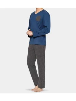 Pyjama long bleu imprimé en coton col v