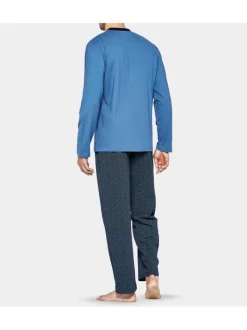 Pyjama long bleu imprimé en coton col v