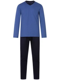 Pyjama long bleu imprimé en coton col v