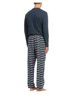 Pyjama long bleu marine avec un col rond et une taille élastiquée