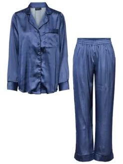 Pyjama long bleu à pois coupe droite fluide à col cranté et taille élastiquée
