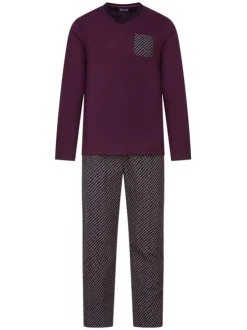 Pyjama long bordeaux imprimé en coton col v