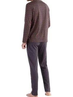 Pyjama long en coton anthracite imprimé géométrique à coupe fermée et col v