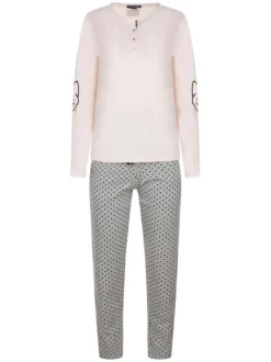 Pyjama long en coton avec un pantalon gris à pois et un haut rose uni