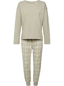 Pyjama long en coton beige à carreaux avec une coupe droite, un col rond et des manches longues
