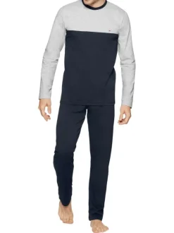 Pyjama long en coton bicolore, à coupe ajustée, col rond contrasté et pantalon à taille élastiquée