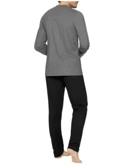 Pyjama long en coton bicolore à imprimé poitrine, à coupe droite, col V et pantalon à taille élastiquée
