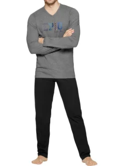 Pyjama long en coton bicolore à imprimé poitrine, à coupe droite, col V et pantalon à taille élastiquée