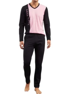 Pyjama Long en coton bicolore nuit et rose avec une coupe droite et un col v