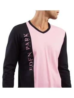 Pyjama Long en coton bicolore nuit et rose avec une coupe droite et un col v
