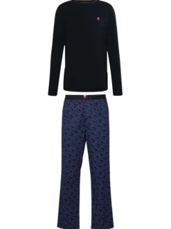 Pyjama long en coton biologique marine avec monogramme imprimé sur le pantalon