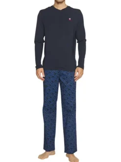 Pyjama long en coton biologique marine avec monogramme imprimé sur le pantalon