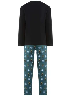 Pyjama Long en coton biologique noir imprimé teddy avec une coupe fermée et col rond