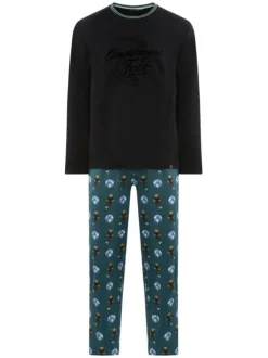 Pyjama Long en coton biologique noir imprimé teddy avec une coupe fermée et col rond