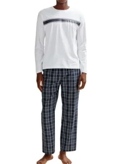 Pyjama Long en coton blanc vichy avec une coupe droite et un col rond