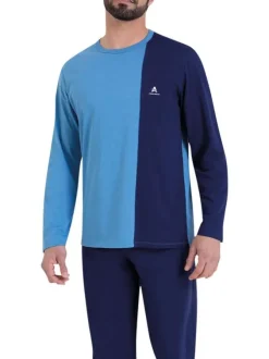 Pyjama long en coton bleu bicolore avec un col rond et une coupe droite
