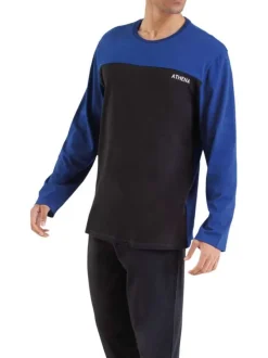 Pyjama Long en coton bleu bicolore avec une coupe fermée et un col rond