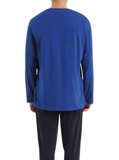 Pyjama Long en coton bleu bicolore avec une coupe fermée et un col rond