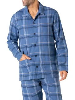 Pyjama long en coton bleu à carreaux avec un col chemise et des poches