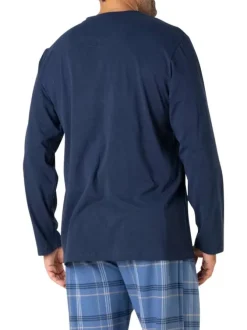 Pyjama long en coton bleu à carreaux avec un col tunisien et une coupe droite