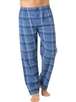 Pyjama long en coton bleu à carreaux avec un col tunisien et une coupe droite