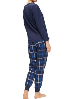Pyjama Long en coton bleu carreaux avec une coupe droite et un col rond