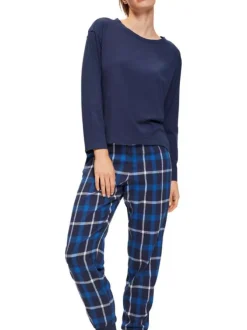 Pyjama Long en coton bleu carreaux avec une coupe droite et un col rond