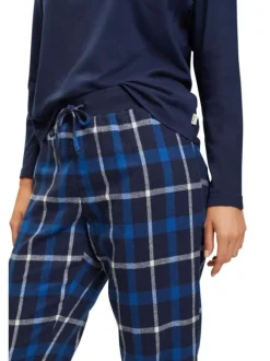 Pyjama Long en coton bleu carreaux avec une coupe droite et un col rond