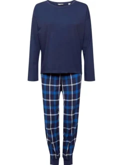 Pyjama Long en coton bleu carreaux avec une coupe droite et un col rond